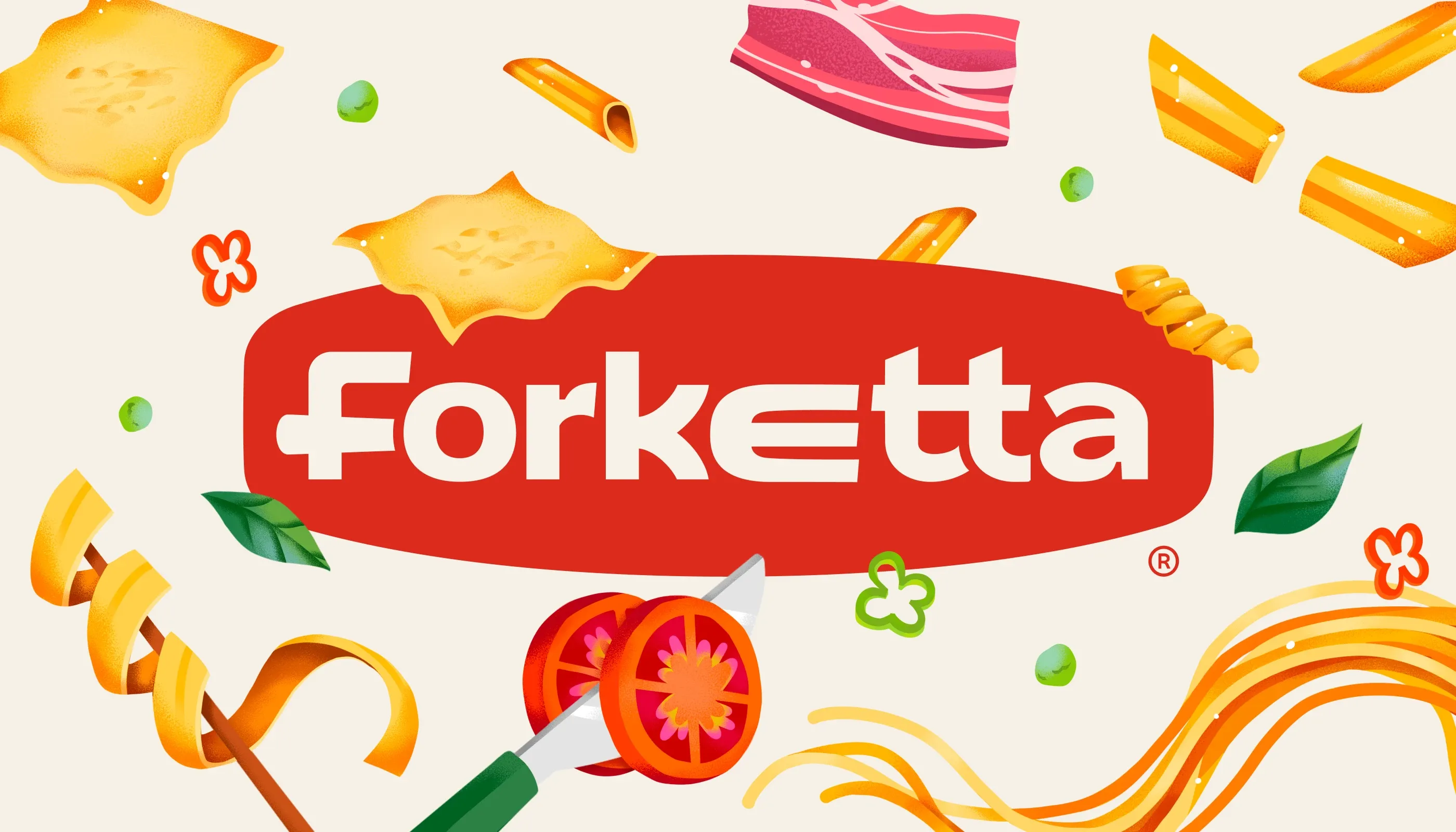 Forketta pasta brand logo surrounded by playful hand-drawn food illustrations