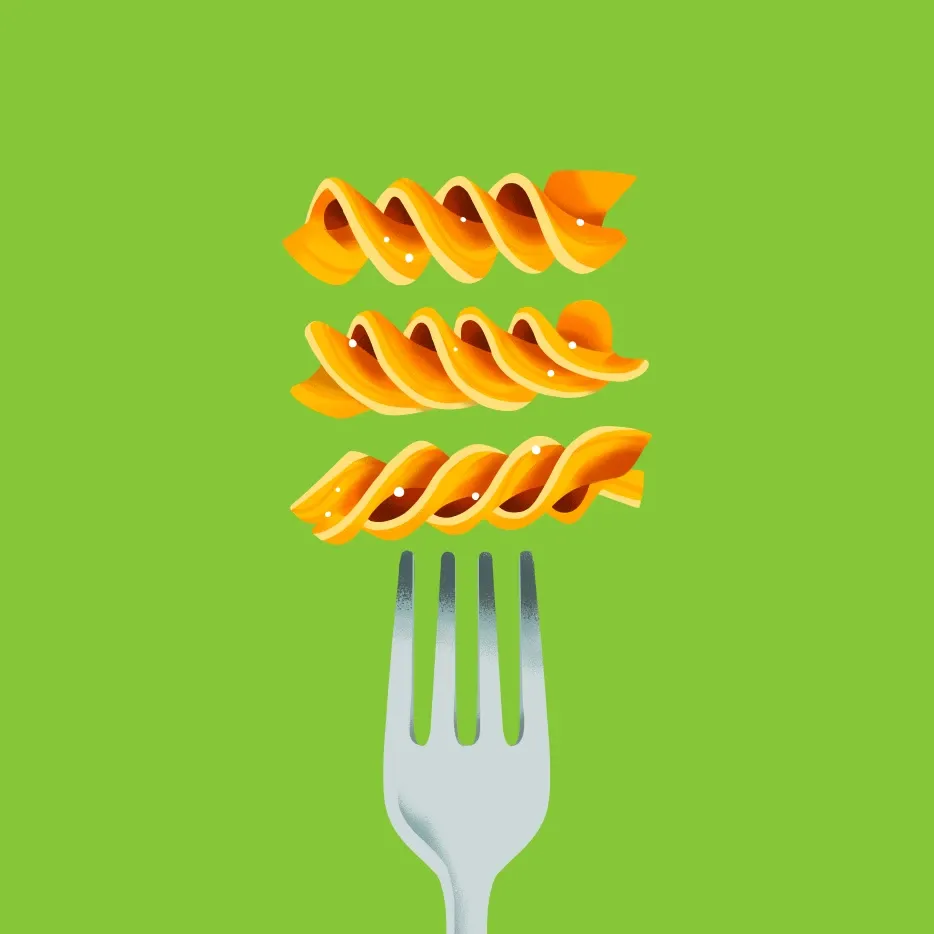 Forketta fusilli character lifted on a fork against a green background