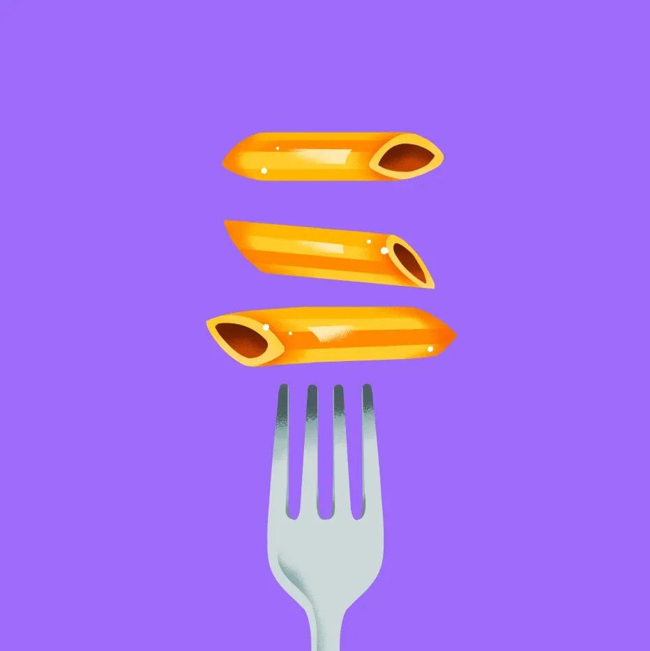 Forketta penne character lifted on a fork against a purple background