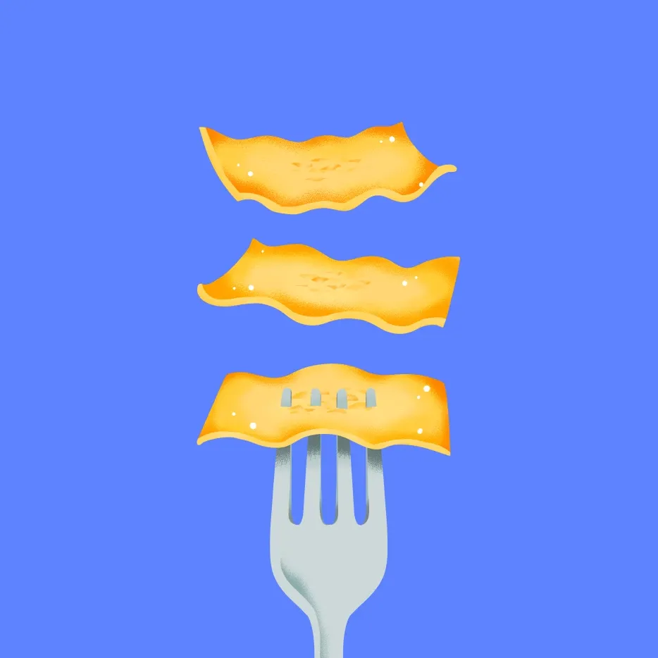 Forketta ravioli character lifted on a fork against a blue background