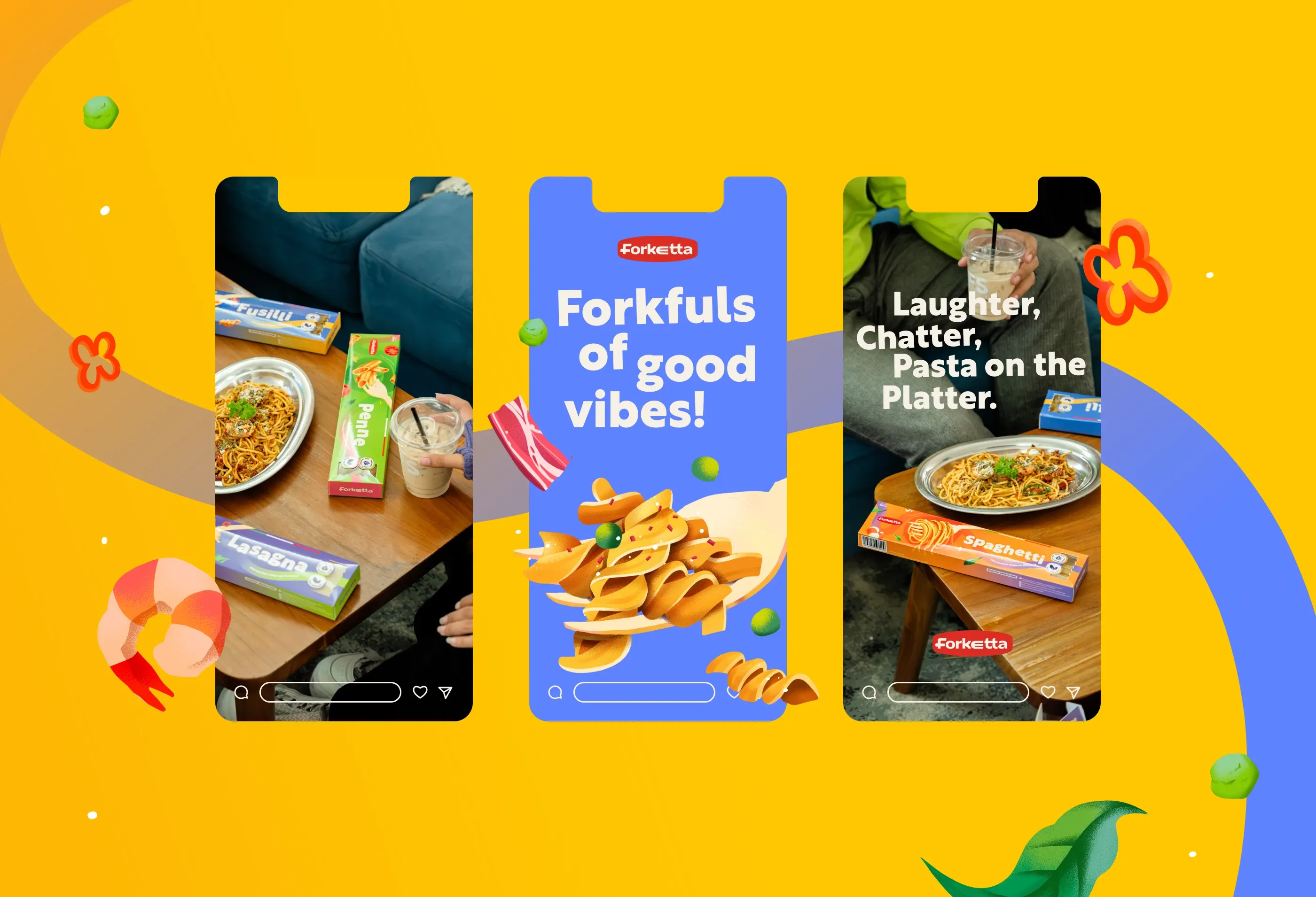 Forketta Instagram story mockups with the lines 'Forkfuls of good vibes' and 'Laughter, Chatter, Pasta on the Platter'